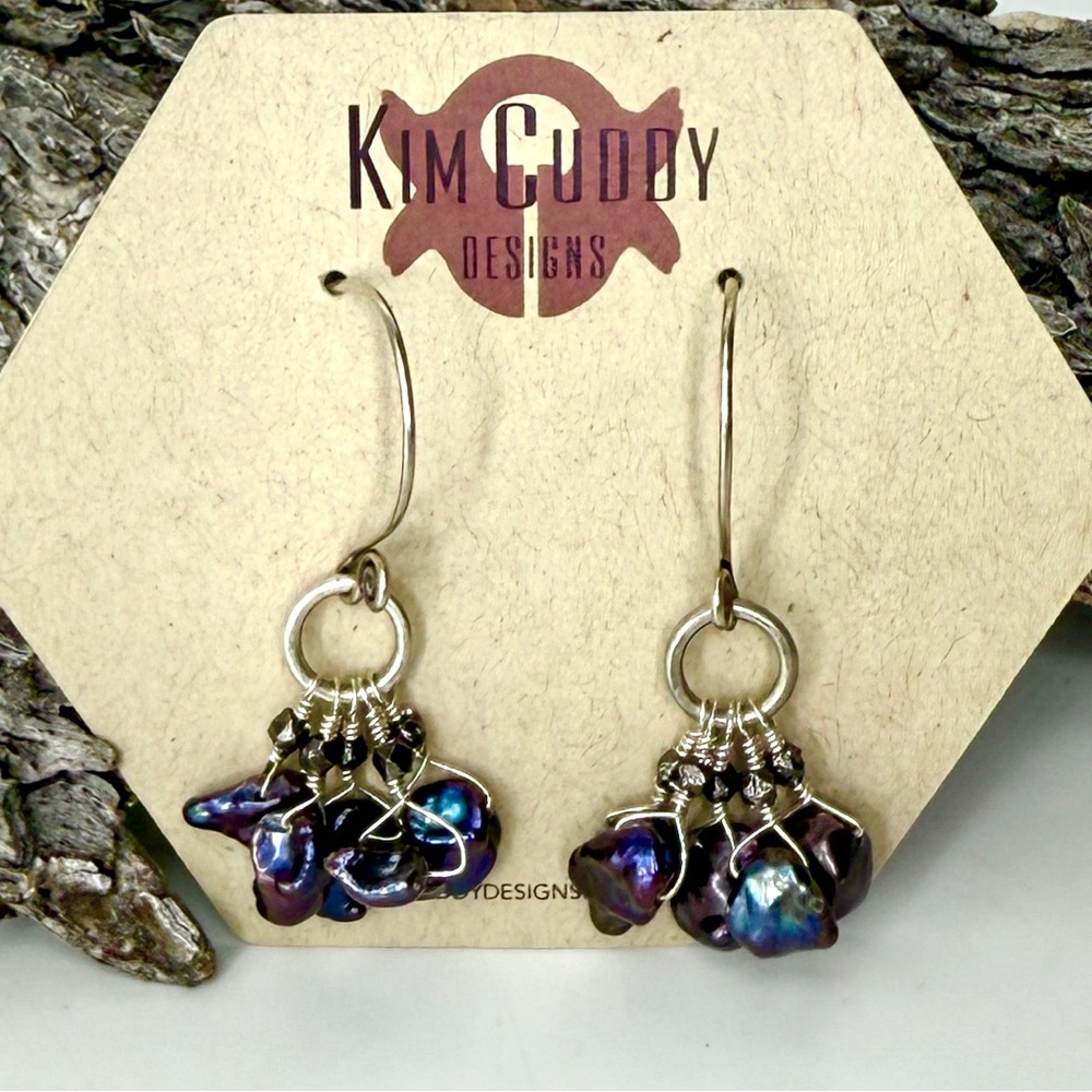 Denim Blue Biwa Cluster Earrings - Picture 4 of 4